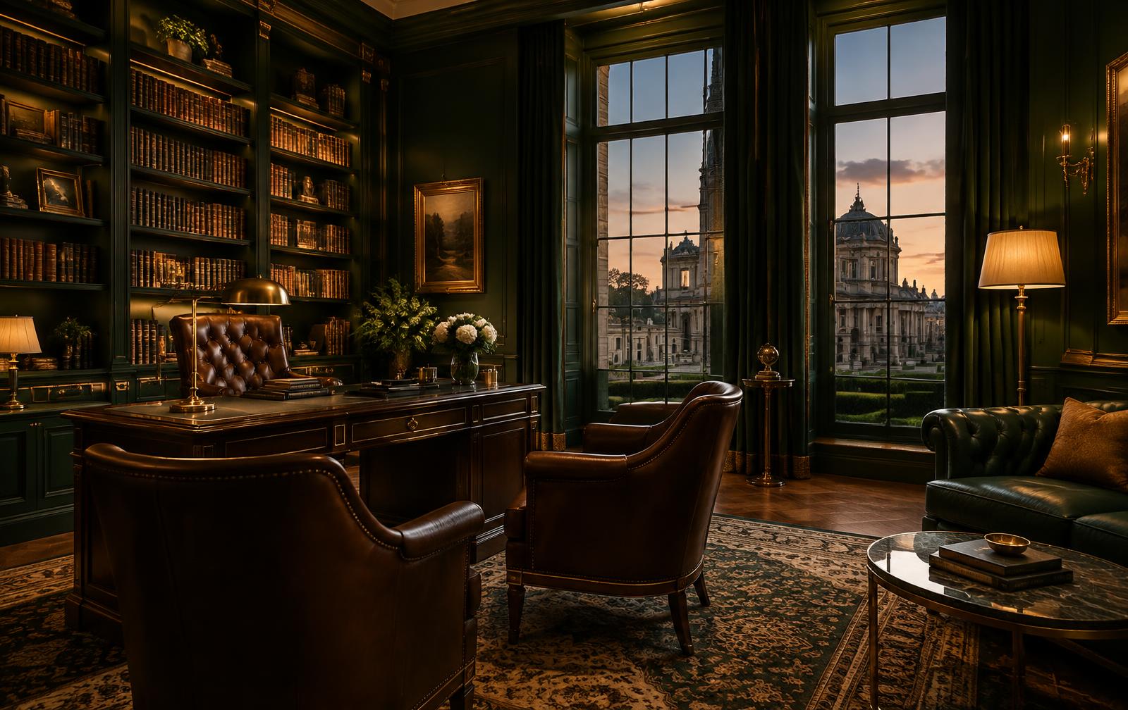 Private wealth library at dusk